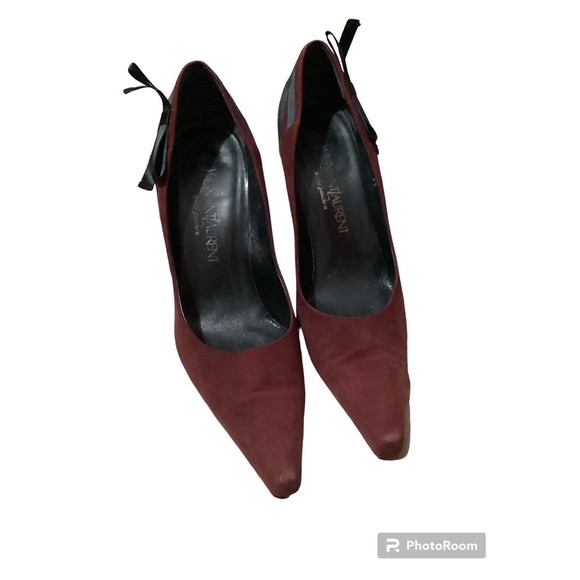 Yves Saint Laurent Burgundy Suede Bow Pointed Toe Pump - Picture 2 of 12